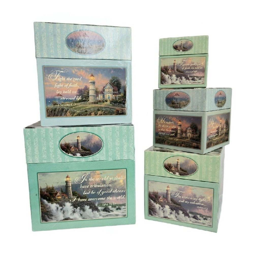 Vtg Thomas Kinkade Nesting Boxes Set Painter Of Light Amcal Scripture Lighthouse